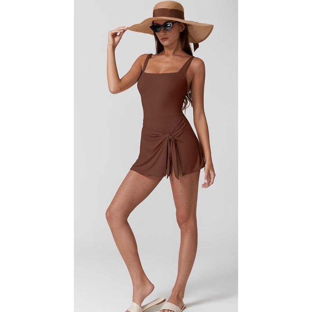 Qinsen Women Terracotta Brown Swim Dress Sarong Tie One Piece Swimsuit NWT